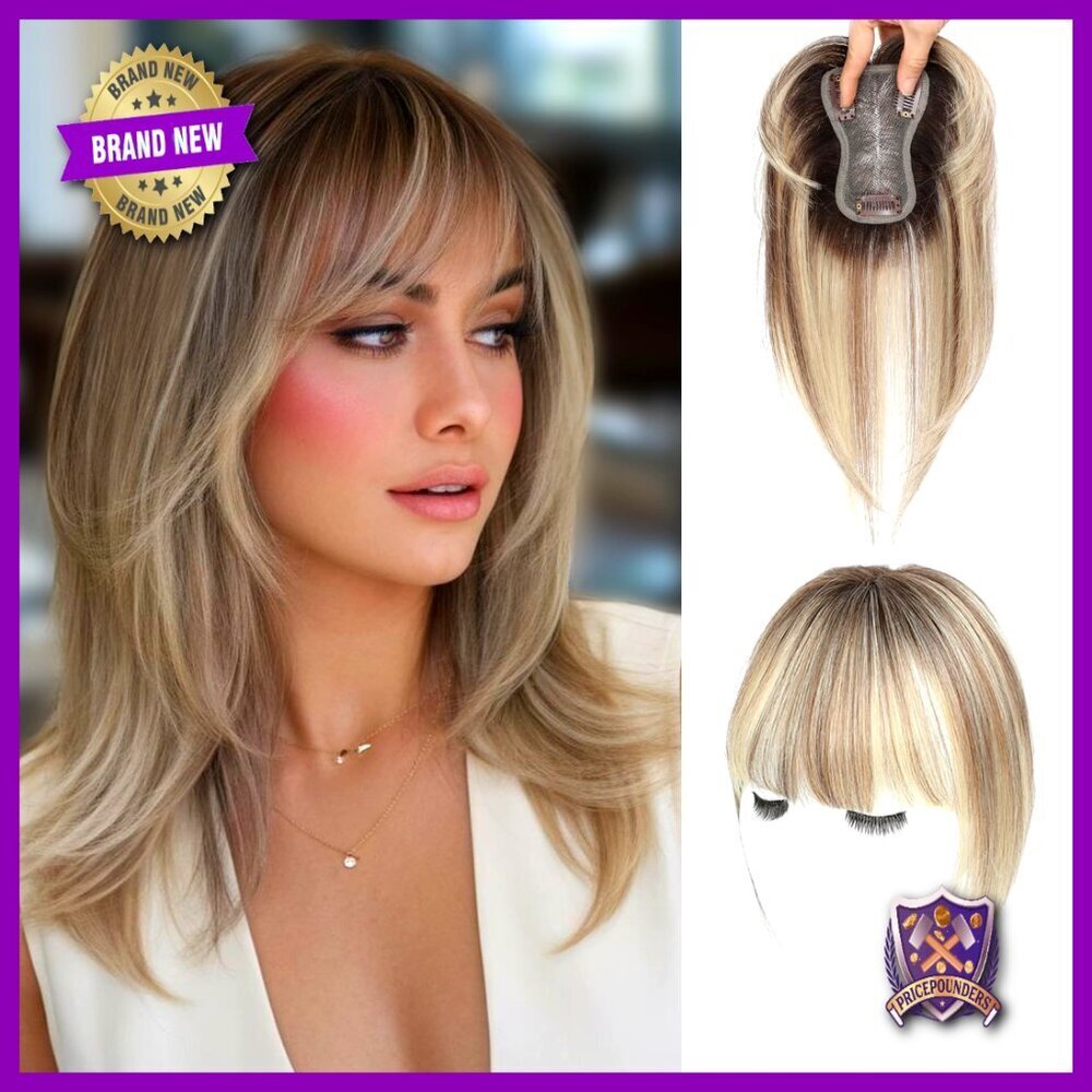 Human Hair Topper with Bangs Swiss Lace Base for Thinning Hair Volume Boost